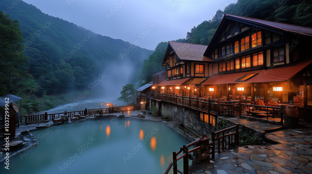 Fototapeta premium Japanese traditional onsen with serene atmosphere and beautiful surroundings - 温泉