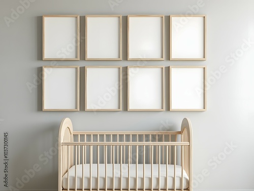 Minimalist baby nursery with eight blank poster frames mockup and neutral interior design. Mock up 8 blank poster frame in baby kids bedroom
