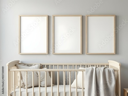Minimalist baby nursery and white crib with three blank poster frames mockup and white interior design. Mock up 3 blank poster frame in baby room