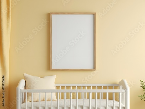 Minimalist baby nursery and white crib with blank poster frame mockup, yellow wall background, wall art poster mock up