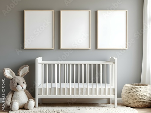 Minimalist baby nursery and white crib with three blank poster frames mockup and gray interior design. Mock up 3 blank poster frame in baby room
