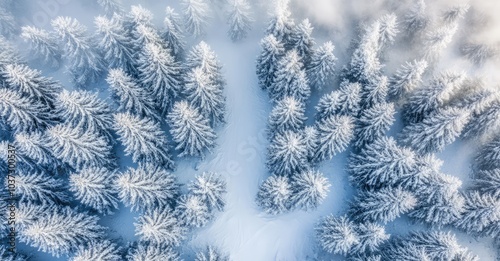 Drone Photo of Snow-Covered Evergreen Trees After Winter Blizzard. AI generated illustration.