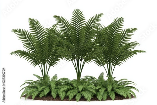 Lush green ferns arranged beautifully on a white isolate background for a fresh and vibrant look.