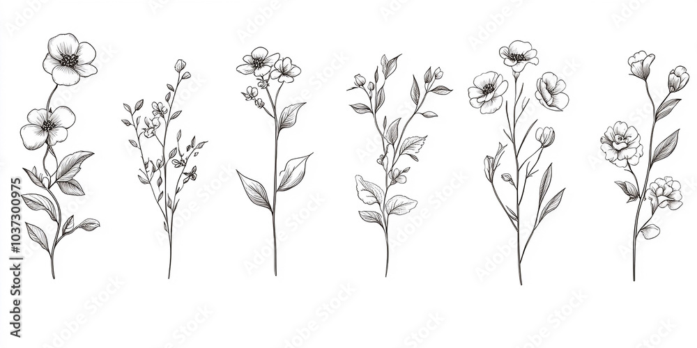 Fototapeta premium luxury line floral collection features various flowers and brunch, perfect for wedding invitation art and save the date card design templates set