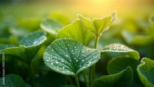 Vibrant green leaves with dew drops glistening in sunlight