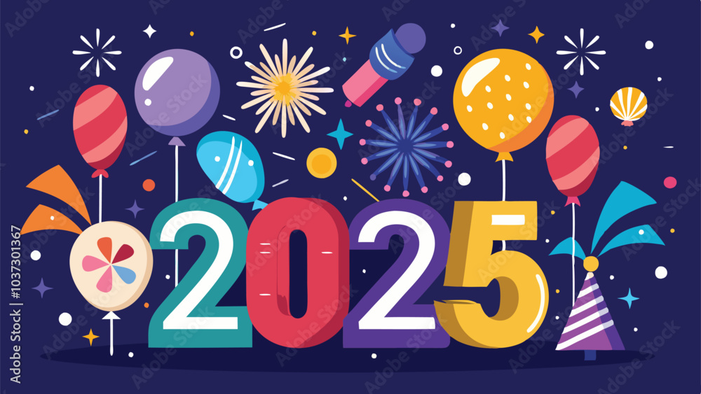 Festive Happy New Year 2025 Vector with Sparklers Balloons and Fireworks Background Graphics Festive Happy New Year 2025 Vector with Sparklers Balloons and Fireworks Background Graphics