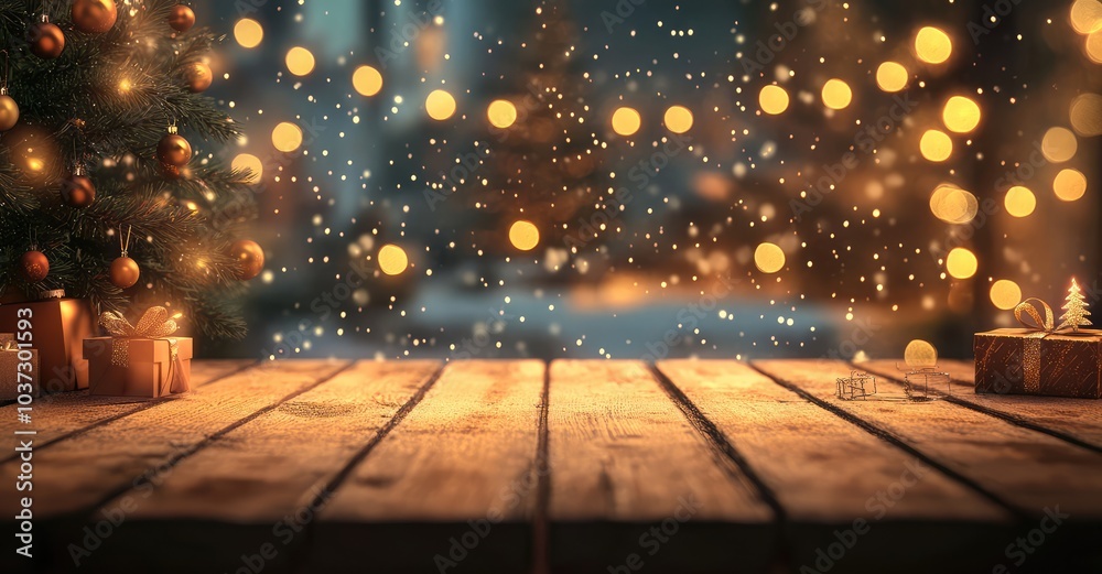 Empty Wooden Table Top with Christmas Tree Background. AI generated illustration. Empty Wooden Table Top with Christmas Tree Background. AI generated illustration.