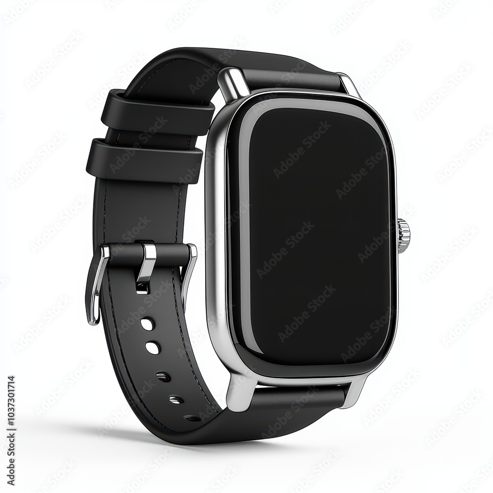 Modern black smartwatch with a sleek design on a white isolated background. Modern black smartwatch with a sleek design on a white isolated background.
