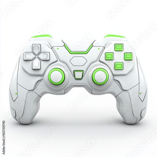 Modern white gaming controller with green accents, isolated on a white background.