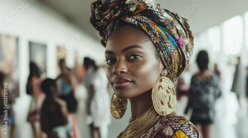 In a gallery, a stylish woman wears a colorful turban and large earrings, representing cultural elegance through her poised stance at an art exhibition. photo