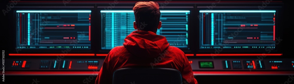 Person working with multiple computer screens in a dark environment with red lighting. Person working with multiple computer screens in a dark environment with red lighting.