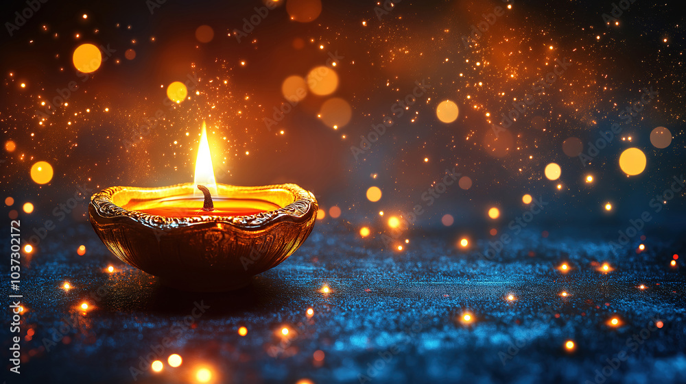 Burning oil lamp glowing softly against a blurred bokeh background capturing the essence of Diwali festival Burning oil lamp glowing softly against a blurred bokeh background capturing the essence of Diwali festival