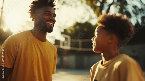 A meaningful outdoor conversation between a father and son in the warm glow of the setting sun, illustrating the essence of familial love and connection. photo