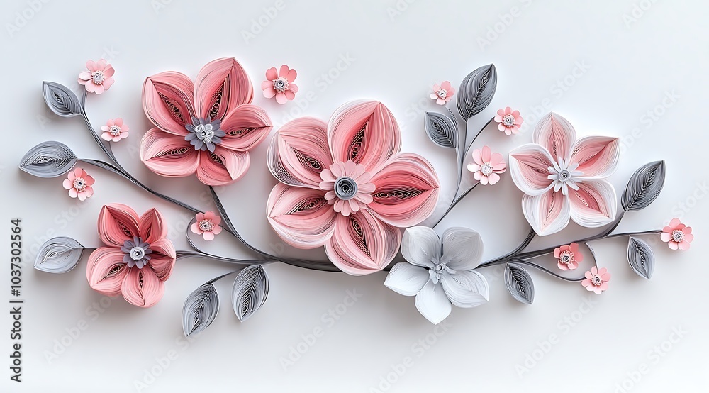 custom made wallpaper toronto digitalSoft Pink and Gray Floral Paper Quilling Art with Elegant Petals and Leaves