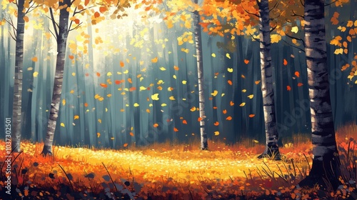 A serene autumn forest landscape, with golden leaves falling gently from the trees and a carpet of colorful foliage covering the ground.