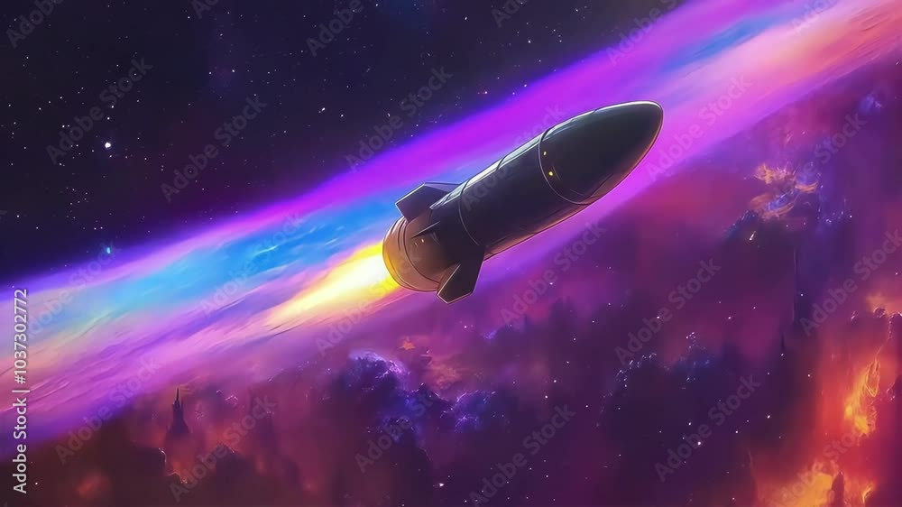 A sleek rocket soars through a vibrant cosmic landscape filled with colorful clouds. A sleek rocket soars through a vibrant cosmic landscape filled with colorful clouds.