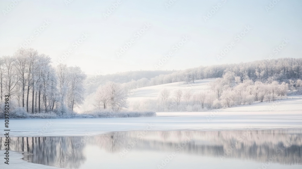 A snowy winter landscape, with frosted trees, snow-covered hills, and a frozen lake reflecting the pale winter sunlight. A snowy winter landscape, with frosted trees, snow-covered hills, and a frozen lake reflecting the pale winter sunlight.