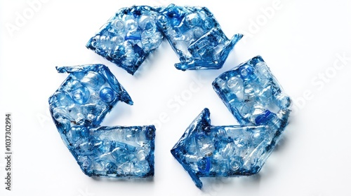 A recycle symbol created from crushed plastic bottles, placed on a white background to promote eco-friendliness.