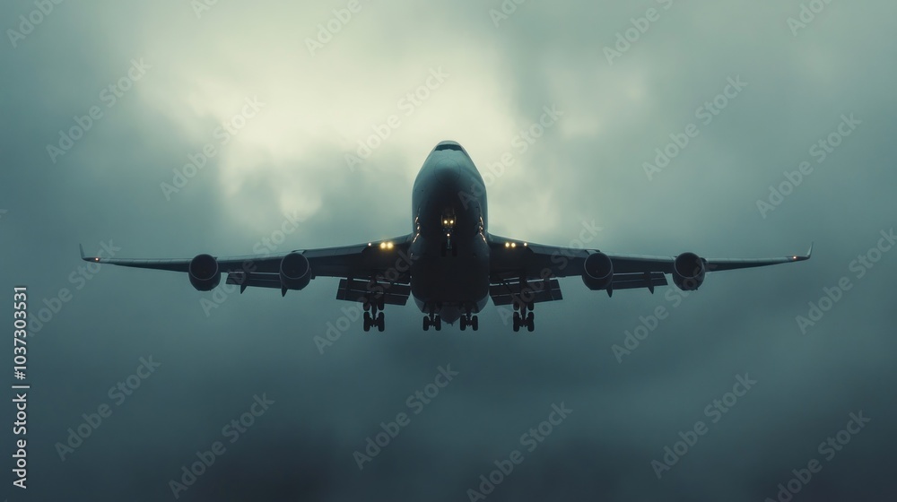 A large airplane approaches for landing amidst dark, cloudy skies. A large airplane approaches for landing amidst dark, cloudy skies.