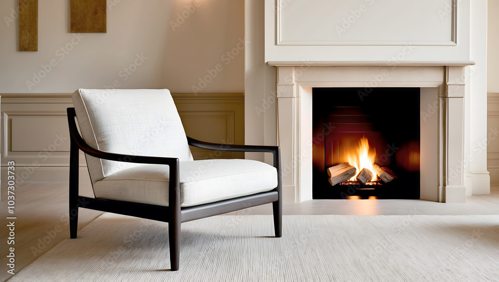 Fototapeta premium Elegant living room with cozy armchair and lit fireplace in a warm interior