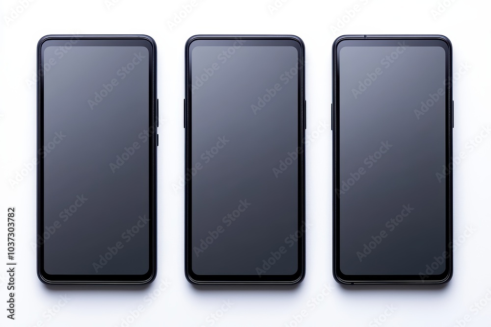 Three modern smartphones with blank screens, arranged in a row on a white isolated background. Three modern smartphones with blank screens, arranged in a row on a white isolated background.