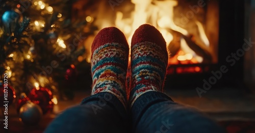 Feet in Woollen Socks by the Christmas Fireplace. AI generated illustration.