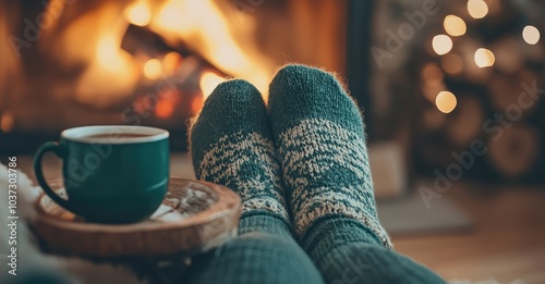 Wallpaper Mural Feet in Woollen Socks by the Christmas Fireplace. AI generated illustration. Torontodigital.ca