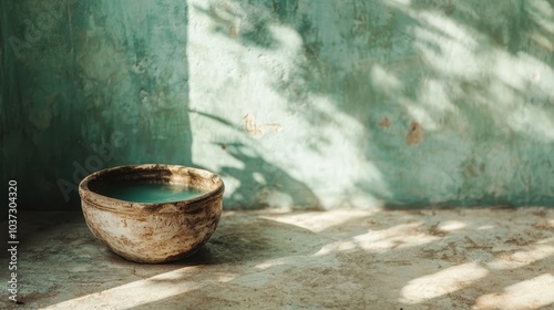 An aged ceramic bowl half-filled with water sits against a textured, weathered wall, capturing the essence of time and history in a tranquil, still setting.