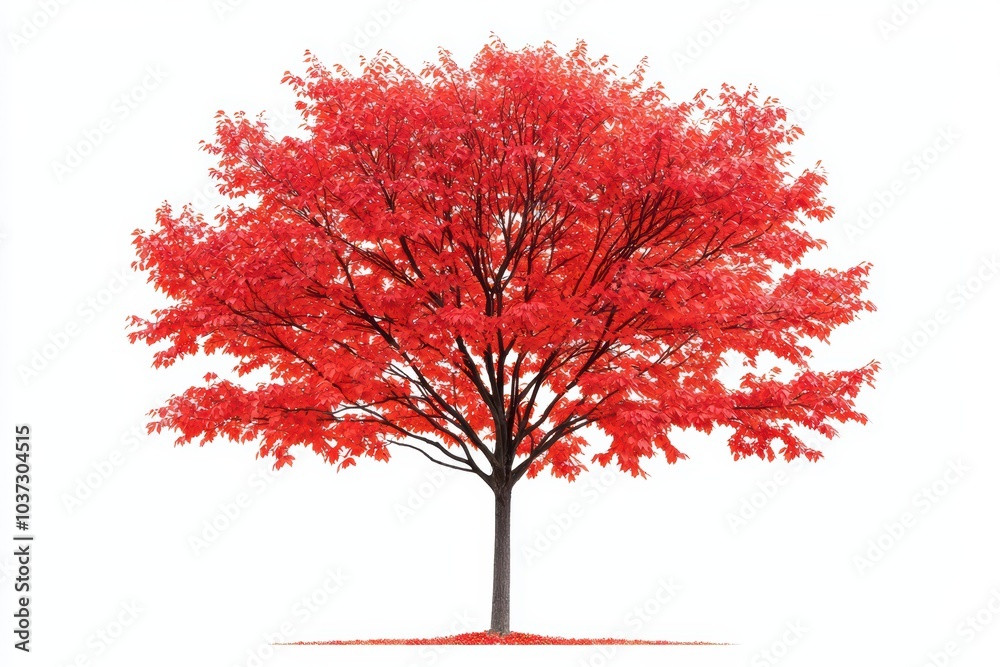 Fototapeta premium Vibrant red maple tree on a white isolated background, showcasing autumn colors and natural beauty.