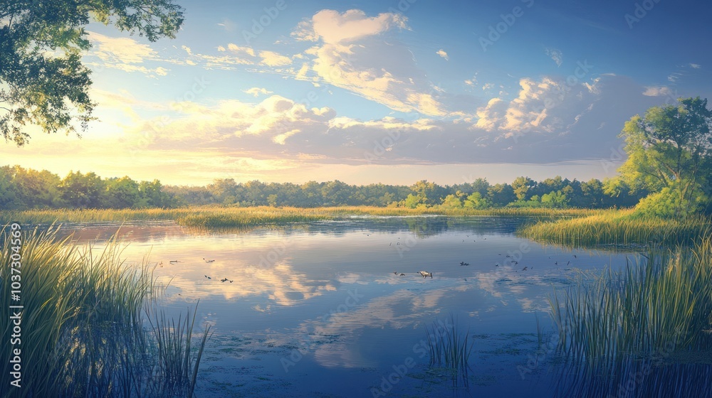 A wetland landscape, with still waters reflecting the sky, dotted with reeds and teeming with wildlife. A wetland landscape, with still waters reflecting the sky, dotted with reeds and teeming with wildlife.