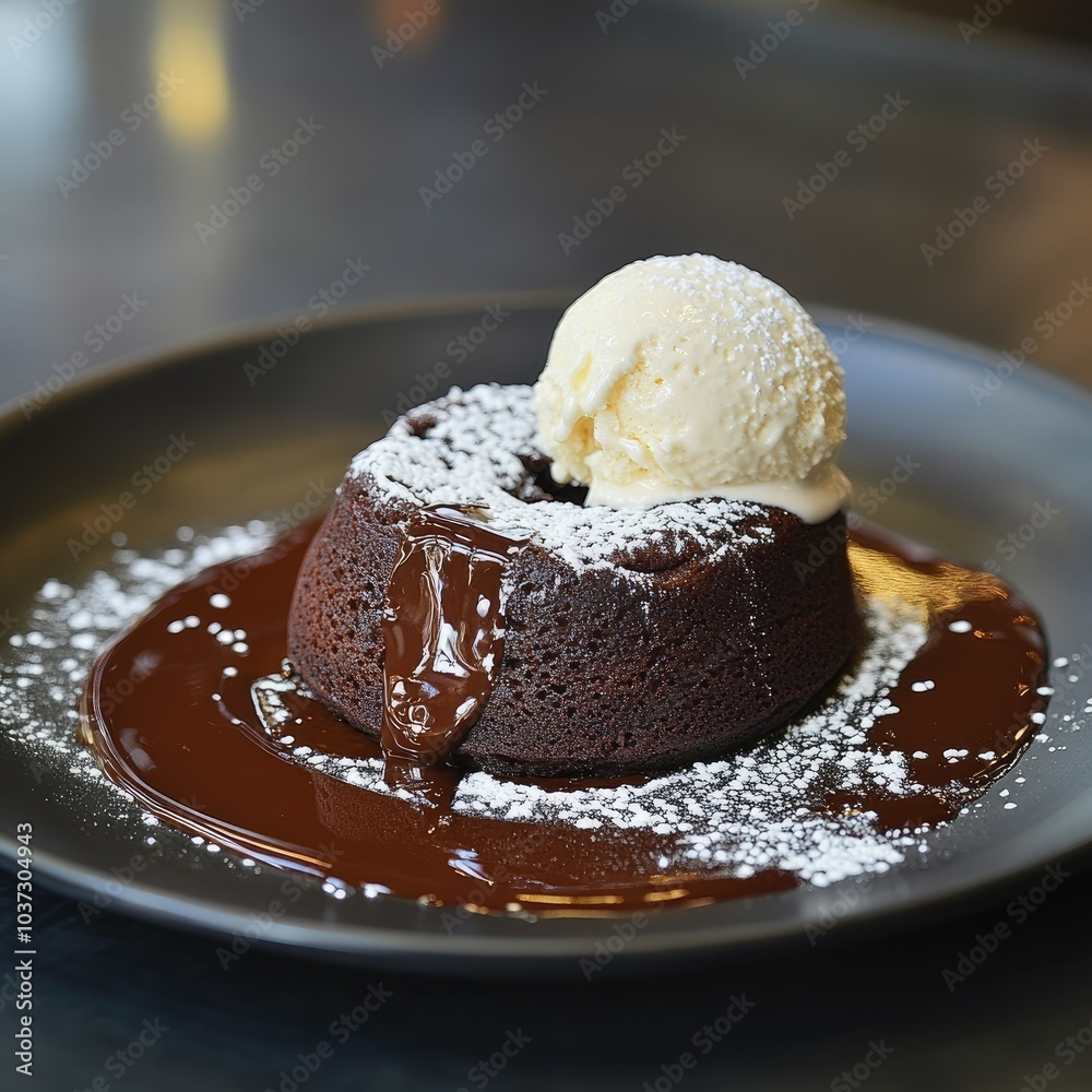 A rich chocolate lava cake with molten center, garnished with powdered sugar and a scoop of vanilla ice cream A rich chocolate lava cake with molten center, garnished with powdered sugar and a scoop of vanilla ice cream