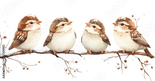 Five Funny Little Sparrows Sitting on a Branch in Winter Garden. AI generated illustration.