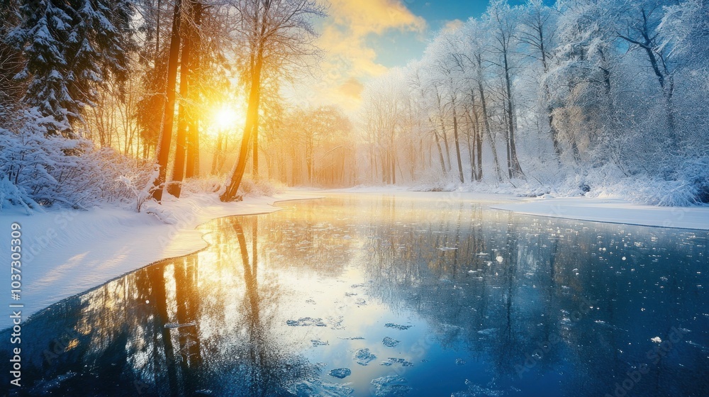 Winter Wonderland: Sunset Over a Frozen Lake Winter Wonderland: Sunset Over a Frozen Lake