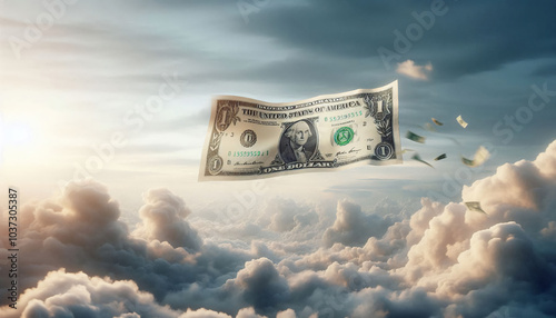  hyper realistic, A minimalist image of a single dollar bill, floating gently in the wind with a serene, cloud-filled sky in the background photo