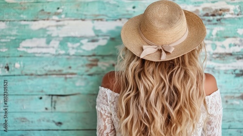 A woman with wavy hair wears a straw hat and lace dress, her back turned to a rustic turquoise wall, blending modern elegance with a bohemian essence perfectly. photo