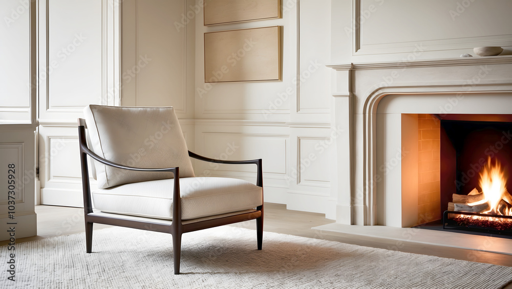 Cozy room with elegant armchair and fireplace in a warm interior setting Cozy room with elegant armchair and fireplace in a warm interior setting