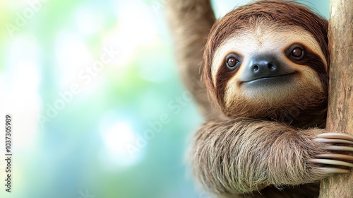 A delightful sloth with a gentle smile gradually climbs up a tree trunk, embodying patience and tranquility in a lush and serene natural environment. photo