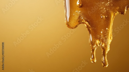 The rich texture of honey creates a luminous effect as it flows downward in golden streams, forming a mesmerizing abstract pattern against the backdrop. photo