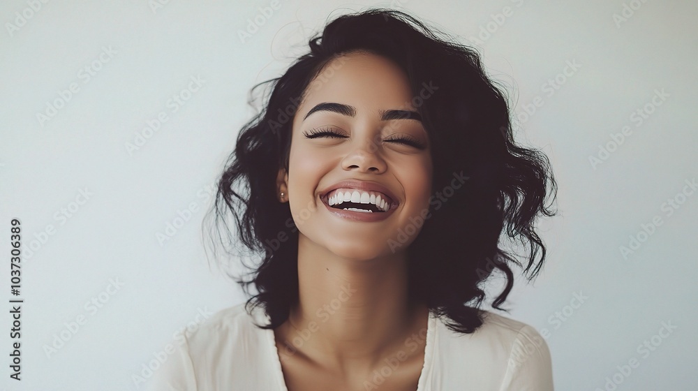Smiling Woman with Curly Hair in Soft Light