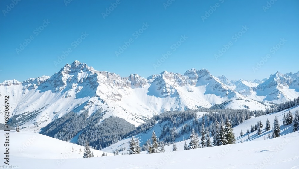 Snowy mountain range with jagged peaks pine trees and clear blue sky Snowy mountain range with jagged peaks pine trees and clear blue sky