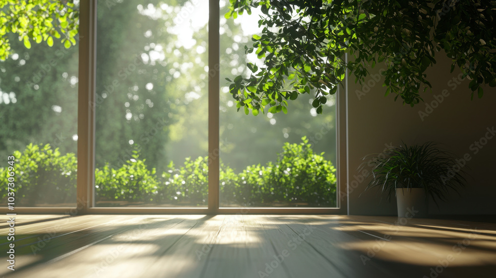 serene room with large windows showcasing lush greenery outside, allowing natural light to fill space. wooden floor adds warmth, creating peaceful atmosphere serene room with large windows showcasing lush greenery outside, allowing natural light to fill space. wooden floor adds warmth, creating peaceful atmosphere