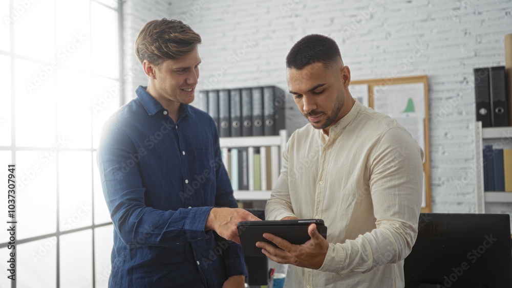 Handsome men working in an office as partners or employees, discussing business details indoors with documents and devices visible in a well-lit workplace room Handsome men working in an office as partners or employees, discussing business details indoors with documents and devices visible in a well-lit workplace room