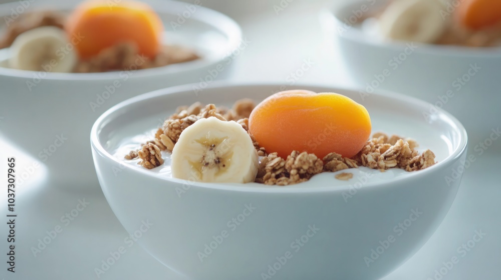 A white bowl filled with yogurt, granola, banana slices, and apricot halves. Two more bowls are in the background, out of focus. A white bowl filled with yogurt, granola, banana slices, and apricot halves. Two more bowls are in the background, out of focus.