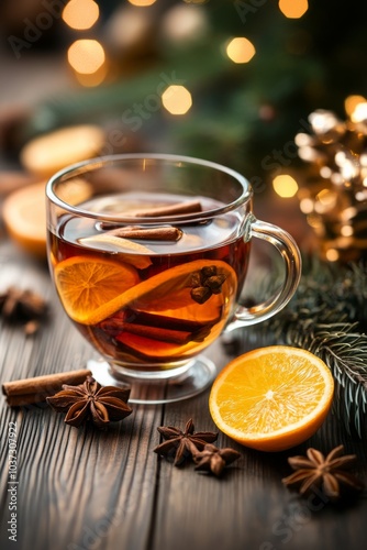 Warm Winter Drink: A cozy mug of spiced tea with orange slices and cinnamon sticks, nestled on a rustic wooden table with festive lights and greenery, evokes the comforting warmth of winter. 