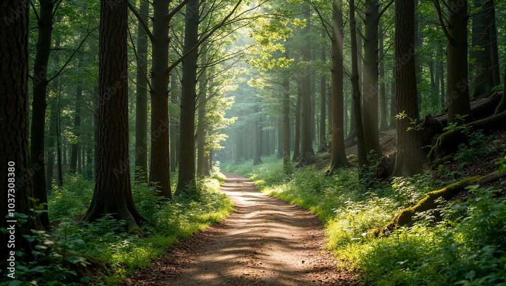 Tranquil forest trail with tall trees and sunlight filtering through Tranquil forest trail with tall trees and sunlight filtering through