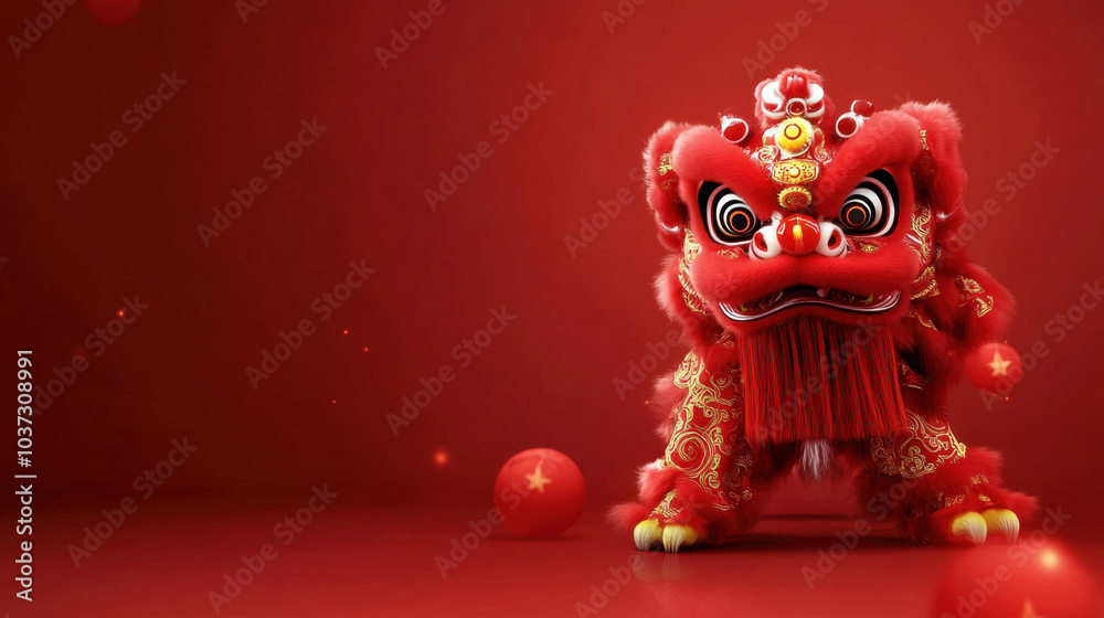 vibrant red Chinese lion performing lion dance, symbolizing good fortune and celebration. intricate details and bold colors create festive atmosphere vibrant red Chinese lion performing lion dance, symbolizing good fortune and celebration. intricate details and bold colors create festive atmosphere