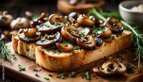 Rustic Toast bread with garlic, mushrooms and herbs, rustic styled photo 