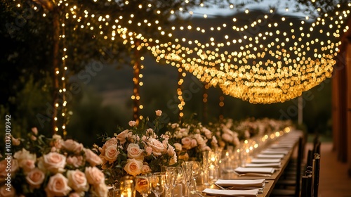 Outdoor wedding reception with fairy lights strung above a long banquet table decorated with roses