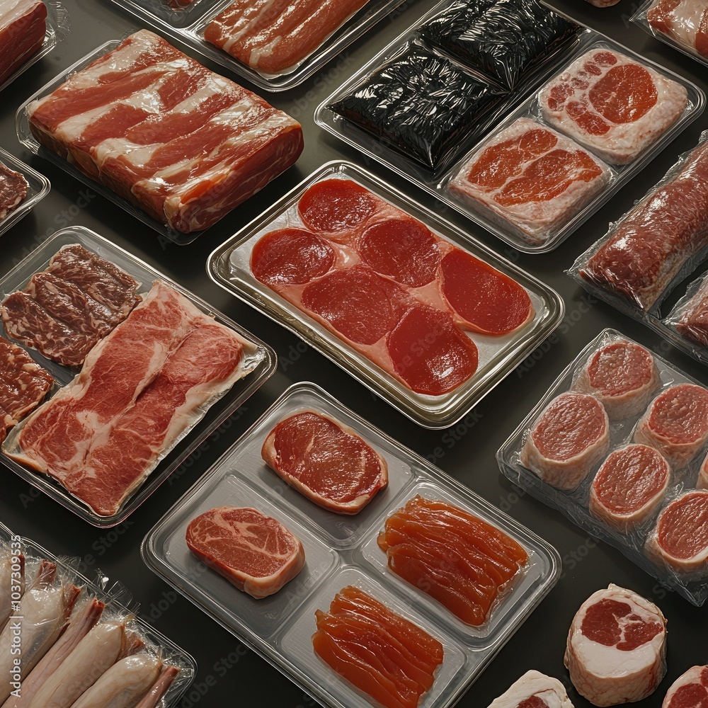 A selection of artificial meat products in packaging, viewed from a top-down perspective, highlighting a variety of shapes and sizes A selection of artificial meat products in packaging, viewed from a top-down perspective, highlighting a variety of shapes and sizes