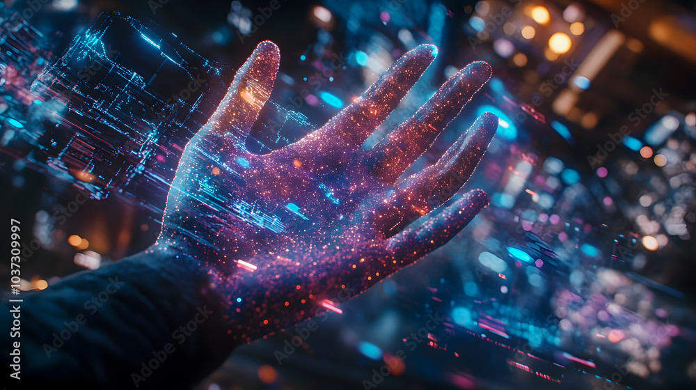 Glowing Hand with Digital Effects and Data Flows Glowing Hand with Digital Effects and Data Flows